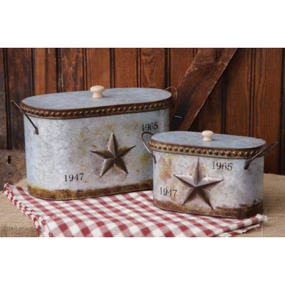 RUSTIC DECOR 2pc Vintage Tin Lidded Canisters with Embossed Star Handles Nestled   152439346088